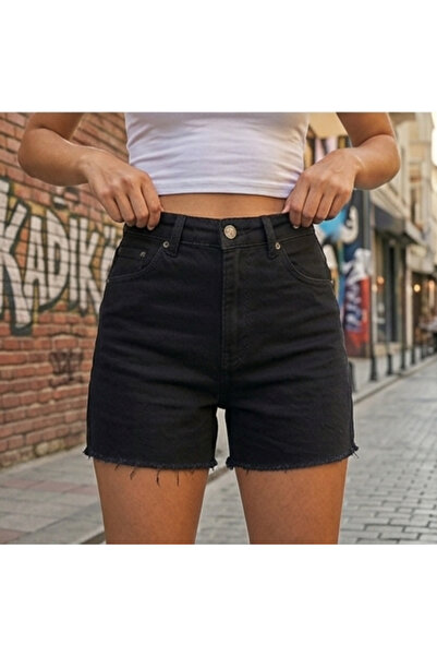 deqfashion شورت جينز نسائي أسود عالي الخصر من الليكرا مع شراشيب على الأرجل، ش...