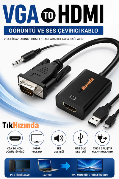 TıkHızında VGA to HDMI Çevirici Dönüştürücü Adaptör Kablo Ses Destekli 1080P ...