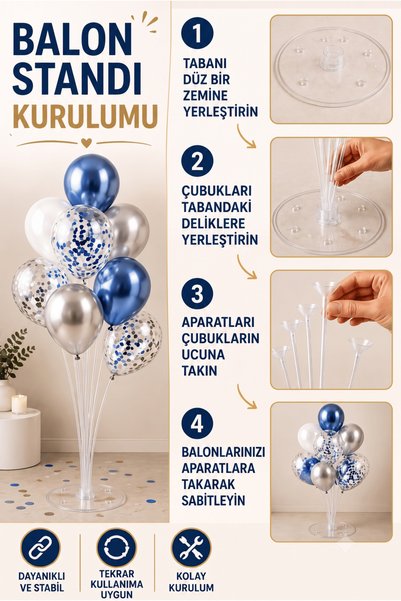 FESTİVALOON 2 Pieces of 7-Balloon Stand 70 cm Transparent Floor Type Balloon Holder Party Birthday Decoration Apparatus