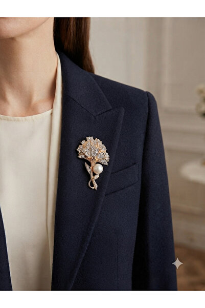 ZEYKU ACCESSORİES Gold Renk Zirkon Taşlı Karanfil Model Ceket Broşu
