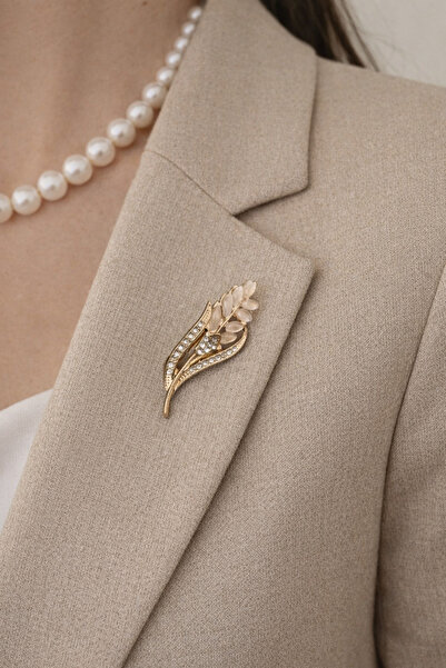 ZEYKU ACCESSORİES Başak Figürlü Gold Zirkon Taşlı Broş - Yaka İğnesi