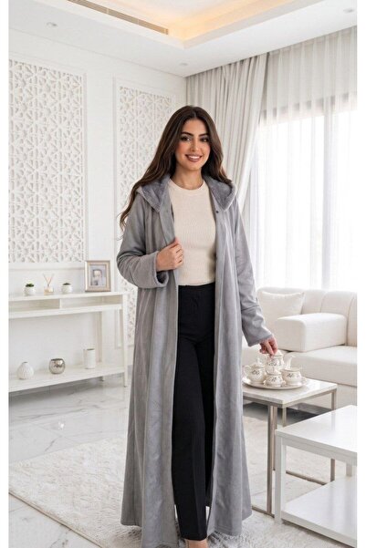 alqarat Layers Long Winter Cardigan - Plush Suede Jacket with Fur Hood