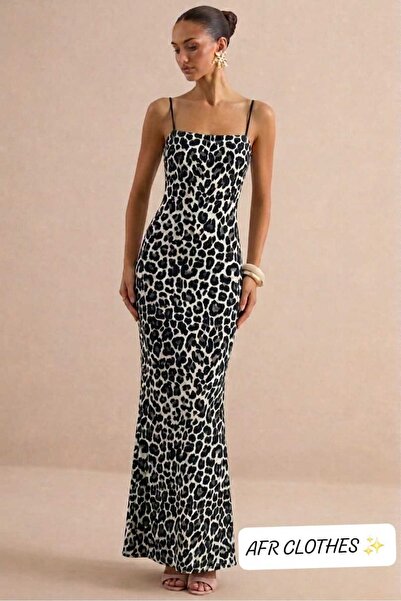 AFR CLOTHES Women's Black and White Leopard Patterned Long Dress with Rope St...