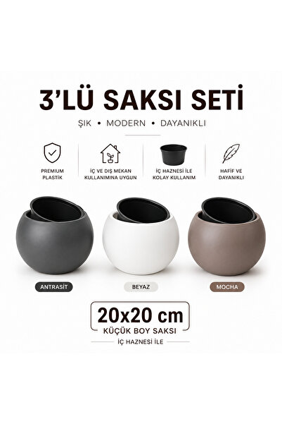 CANBOTANİK 3'lü Saksı Seti 20x20 cm Küçük Boy | Antrasit, Beyaz, Mocha | Prem...