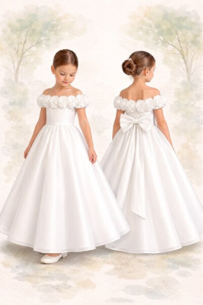 Moky Dizayn White Long Dress with Roses