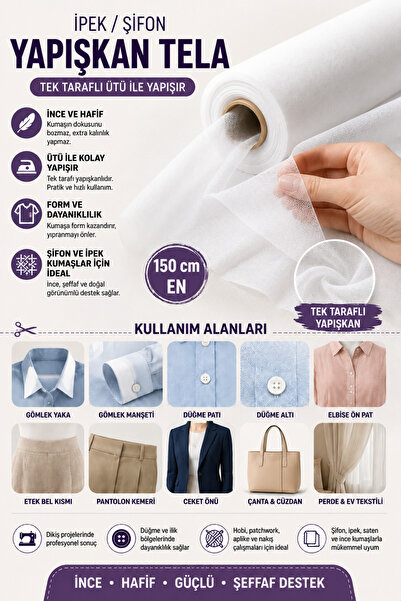 RuzgarHome İpek/Şifon Tela Tek Taraflı Yapışkan -- 150 Cm En