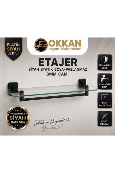 IŞILTI ETAJER SİYAH STATİK BOYA-PASLANMAZ-8MM CAM (PLATİN SİYAH SERİSİ)