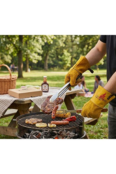 O.M.D Profesyonel Şef Serisi Hakiki Deri BBQ ve Mangal Eldiveni Isıya Dayanık...