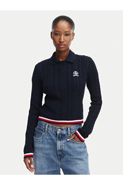 Tommy Hilfiger LACİVERT LOGOLU KADIN KAZAK