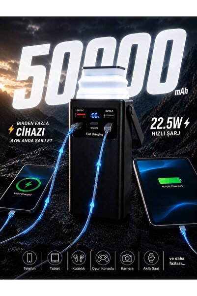 kawigo 50000mAh Powerbank Dahili Kablolu 22.5W Hızlı Şarj Taşınabilir Kamp Lambalı Powerbank LED Fener Type-C PD Power Bank Tüm Modellerle Uyumlu Powerbank