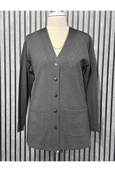 Özenli Triko Steel Knitted 5-Button Mother's Cardigan with Embroidery Detail ...