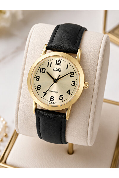 Q&Q Women's Wristwatch Gold Color Case Black Leather Strap Casual and Stylish...