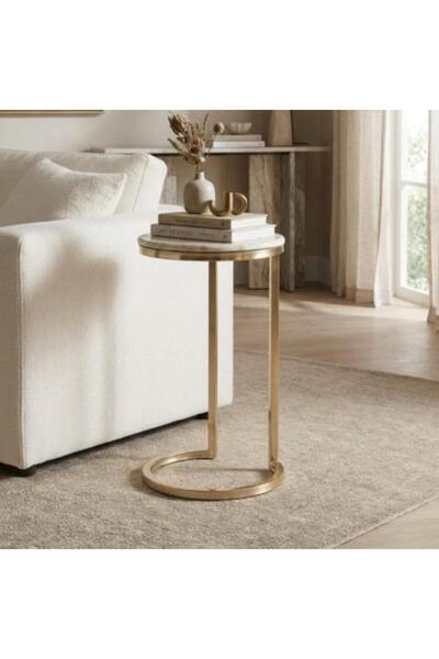 BAITY Round Side Table with Marble Top and Gold Metal Base-60X31 cm