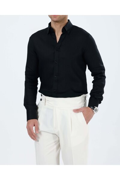 TerziAdemAltun Italian Style Slim Fit Men's Stand Collar Linen Shirt Black T2...