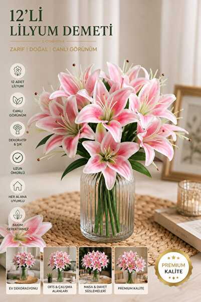 Doğahome 12'li Pembe Yapay Lilyum Demeti – Gerçek Dokulu Dekoratif Lilyum Çiçeği | Premium Kalite