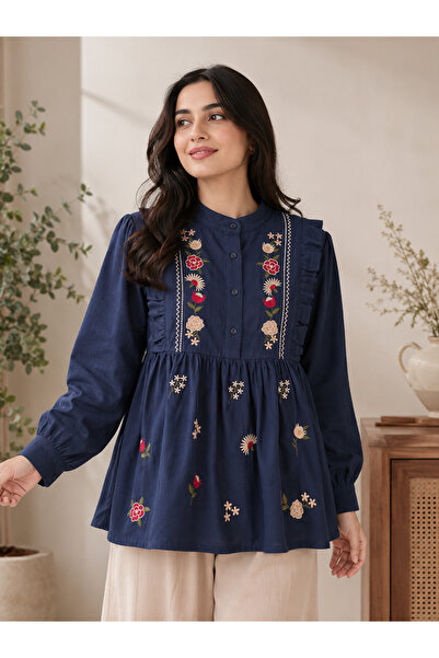 LAYARA COUTURE LINEN PLEATED TOP EMBROIDERED LOOSE FIT (FIT UP TO SMALL to LA...