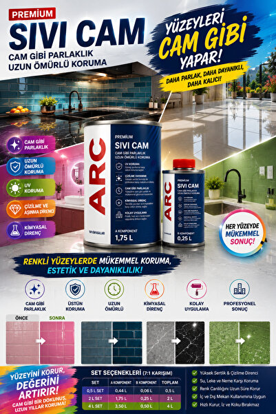 ARCMARİN KİMYA VE DENİZCİLİK HIRDAVAT PREMIUM Sıvı Cam Kaplama - Her tülü yüzey için Şeffaf Parlak Koruyucu Yalıtım Vernik
