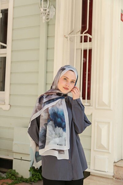 ENRİCO FERRİ Allure Abstract Floral Pattern Tencel Shawl - Ecru Gray