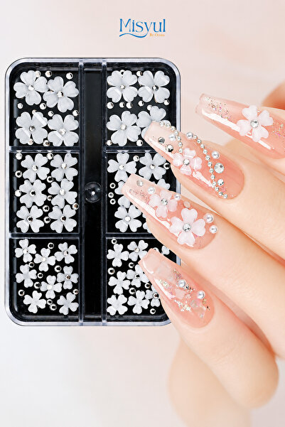 Misyul Tırnak Süsleme Taşlı Çiçek Charm Seti 6'lı Nail Art Tırnak Süslemesi