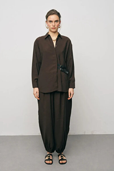 Orfeo Negro Brown Double Buckle Belted Oversized Shirt with Hidden Pockets
