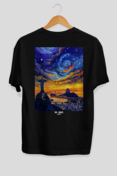 Ankhises Tricou unisex Rio Brazilia 2, negru, supradimensionat, cu imprimeu p...