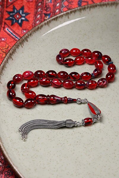 TESBİHKENTİ Red Variegated Silver Tassel Crimped Amber Prayer Beads