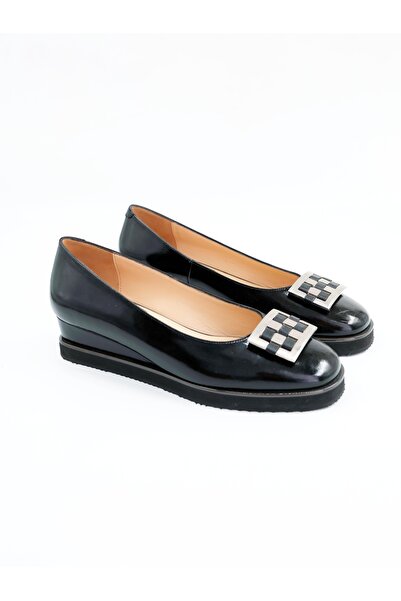 Tenau Women's Genuine Leather Wedge Heeled Shoes Black Patent Leather