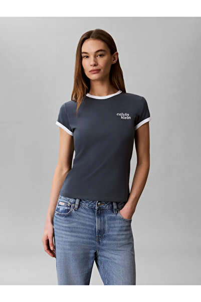 Calvin Klein SS SLIM LOGO RINGER, CEG Kadın Lacivert T-Shirt & Polo