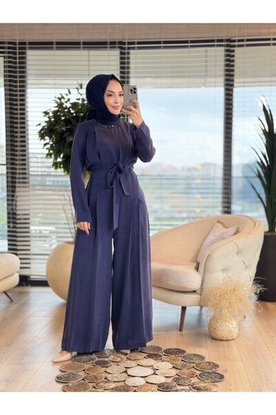 ORHAN STORE 17-1016 Yakası Taş İşlemeli Tulum Lacivert