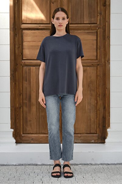 Shooter Sportswear Smoked Women's Modal Fabric Basic Oversize T-Shirt Crew Neck Casual Loose T-Shirt