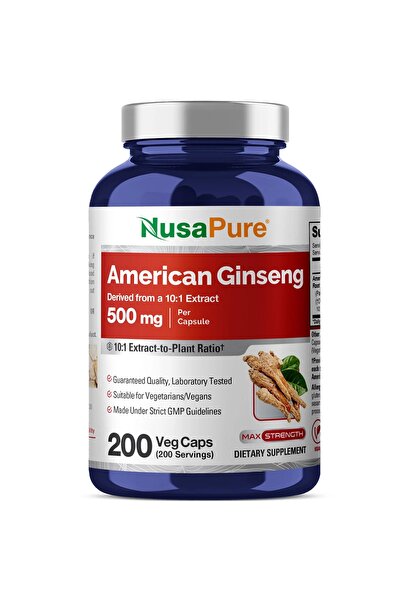 NusaPure American Ginseng 10:1 Extract 500 mg 200 Veg Capsules Max Strength