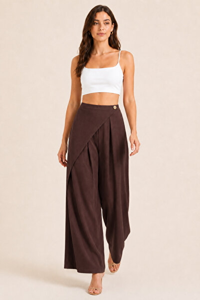 De Carte Women's Modal Fabric Brown High Waist Asymmetrical Hem Look Loose-Le...