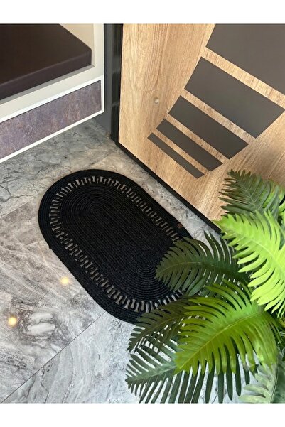 Türkmen Ev Tekstil Black Jute, Straw, Door Mat, Bathroom Mat, Floor Mat, Kitchen Mat