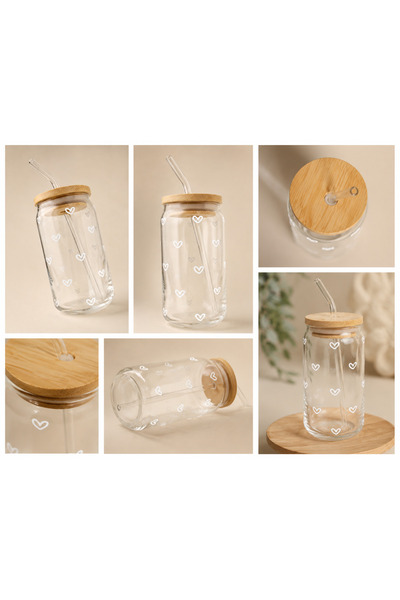 Pressia Glass Cup with Wooden Lid, White Heart, 350 ml