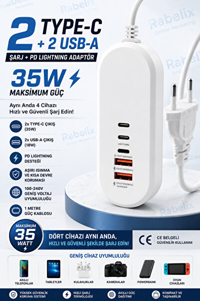Rabelix Online Marketing 35W 2 Type-C 2 USB-A PD Lightning Çoklu Şarj Adaptör...
