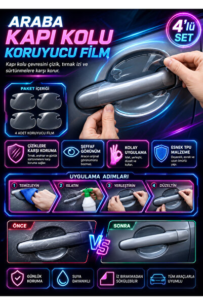 YMÇ DETAILING & AUTOMOTIVE Araba Kapı Kolu Koruyucu Film 4’lü Set – Şeffaf Çi...
