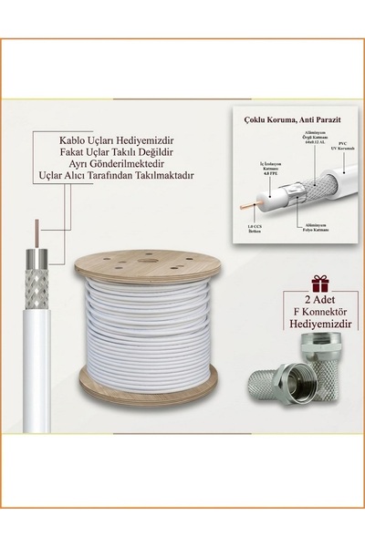 Trendhomm Anten Uydu Kablosu + 2 Adet F Konnektör - RG6 - 6 Metre