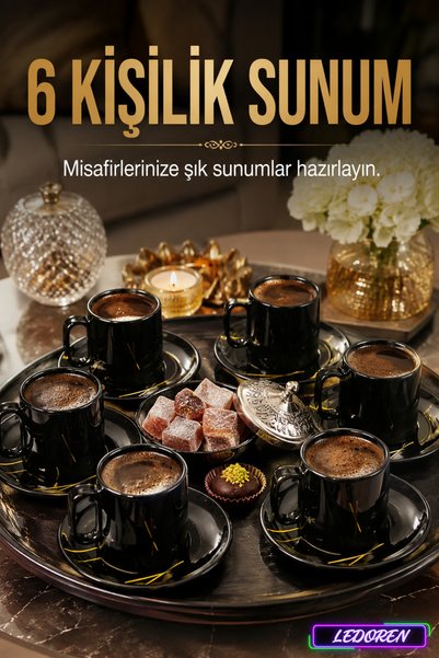 L'eDoren 6-Person Ceramic Coffee Cup Set with Round Presentation Plate Porcelain Turkish Coffee Cup Set