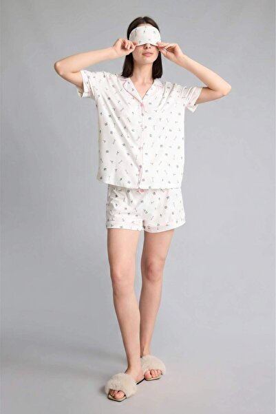 DeFacto Regular Fit Short-Sleeved 2-Piece Patterned Softshell Ecru Pajama Set...