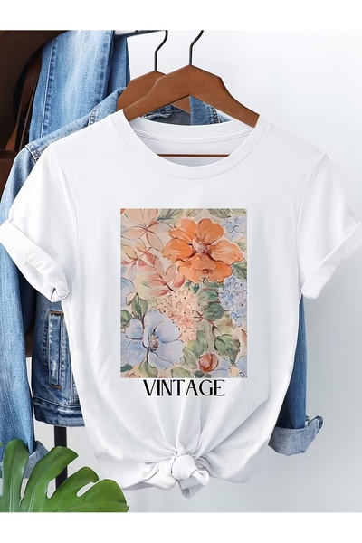 212Wear تي شيرت نسائي أبيض ناعم بتصميم عتيق - بلوزة بأكمام قصيرة وياقة دائرية...