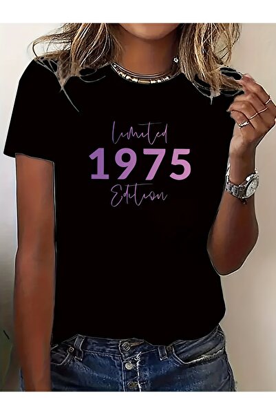 135 تي شيرت نسائي بطباعة شعار 1975، قماش ناعم وقابل للتنفس، ياقة مستديرة، منا...