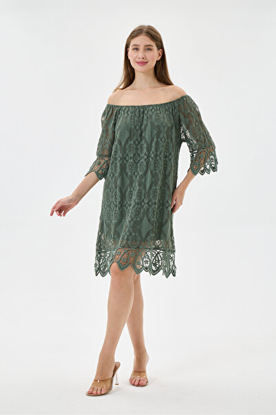 della moor Khaki Italian Elastic Madonna Collar Lace Laced Lined Short Dress ...