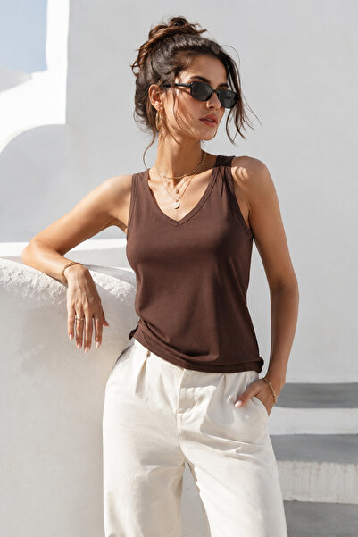 Rich Women's Brown Viscose Front Back V-Neck Zero Sleeve Blouse