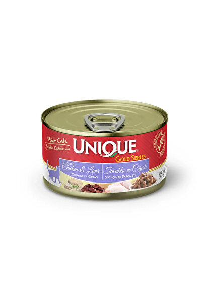 Unique Gold Series Tavuklu & Ciğerli Parça Etli Konserve Yaş Kedi Maması 85 G...