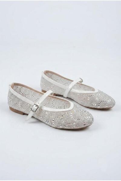 fort 027-218 Tulle Stone Embroidered Comfortable Flexible Buckle-Strapped Wom...