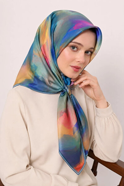 Lesscarves Cotton Silk Scarf Tie-Dye Patterned Ls2204 05-Blue-Mustard-Pink