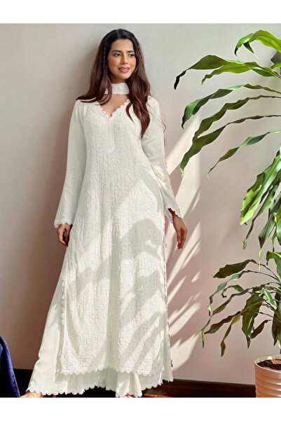 MYSMAR White Faux Georgette Salwar Kameez & Dupatta Set - HRT5439 | White-Siz...
