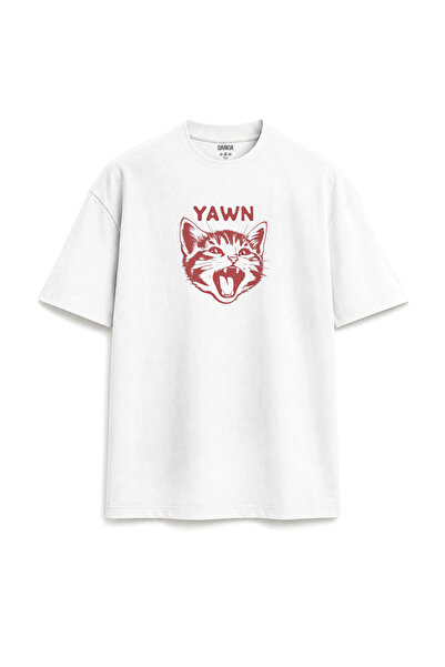 Darkia Yawn Meow Cat Retro Printed Design Relax Fit White T-Shirt