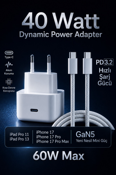 WANNA PROTECT 40W GaN5 Dynamic Power USB-C Hızlı Şarj Aleti 60W Max PD Type-C...