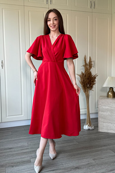 Dilay Gökoğlu Butik V-Neck Ruffled Midi Dress with Flounce Sleeves
